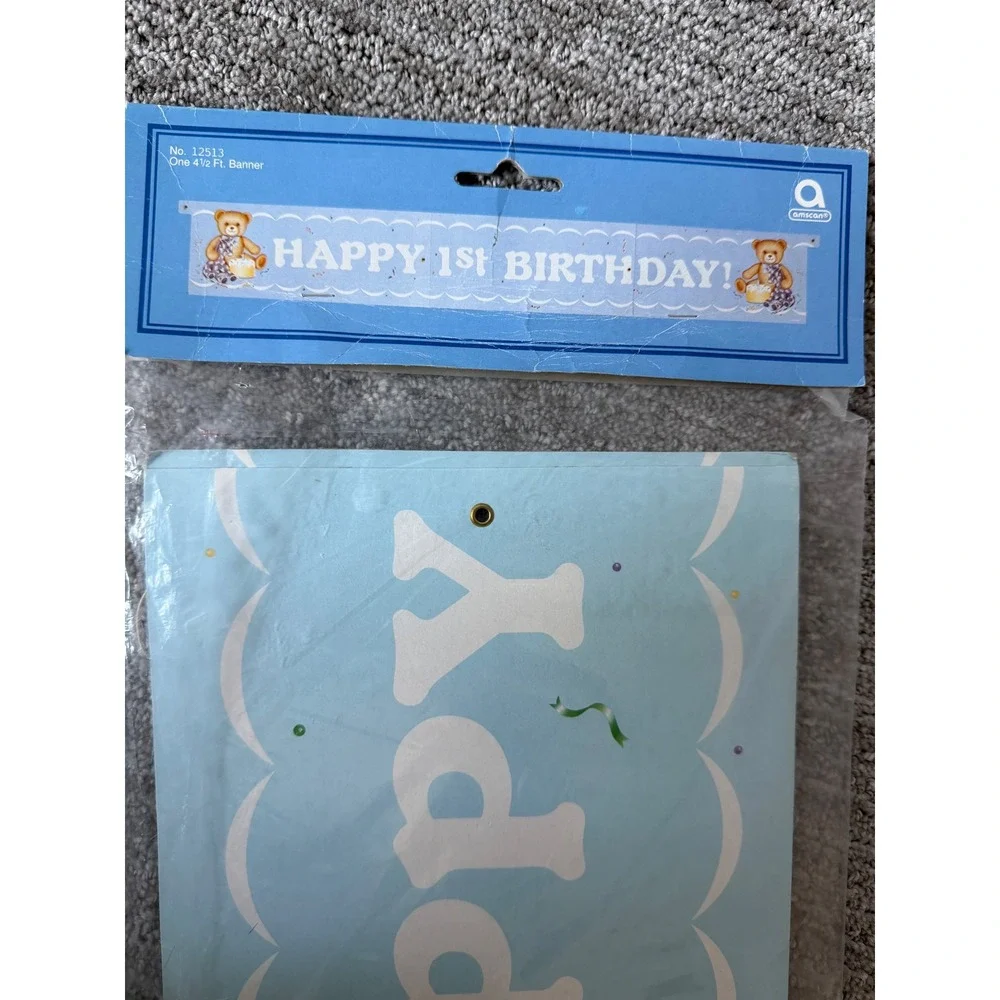 Vintage Happy 1st Birthday Teddy Bear Banner 4.5ft Blue Party Decor 12513